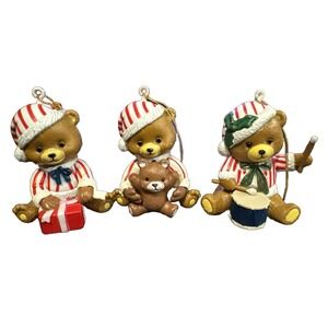 Vintage Christmas Lot of 3 Teddy Bears Plastic Ornaments Wearing Striped Pajamas